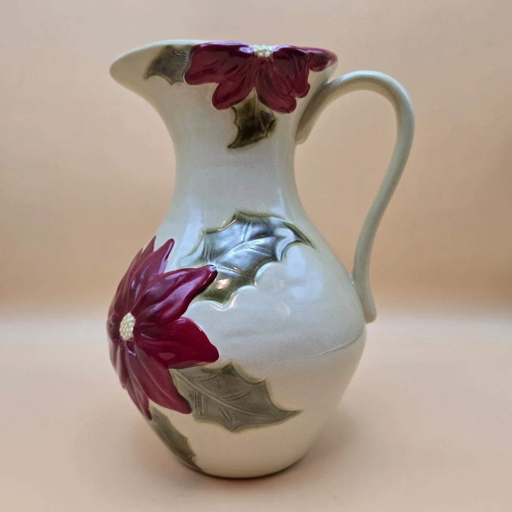 Christmas Poinsettia Ceramic Pitcher Red Green‎ Holiday Floral Serving Vase 8.5